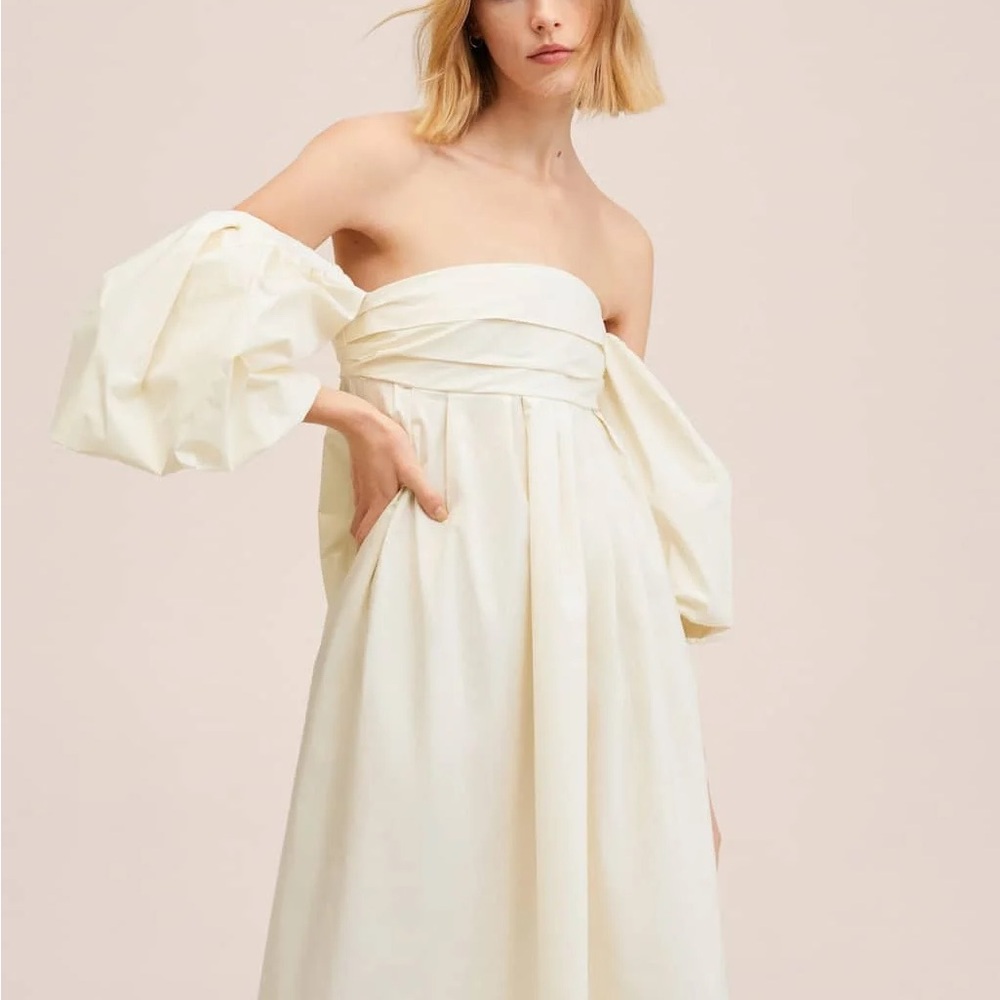 Ivory Mango Puff Sleeve Cotton  Dress